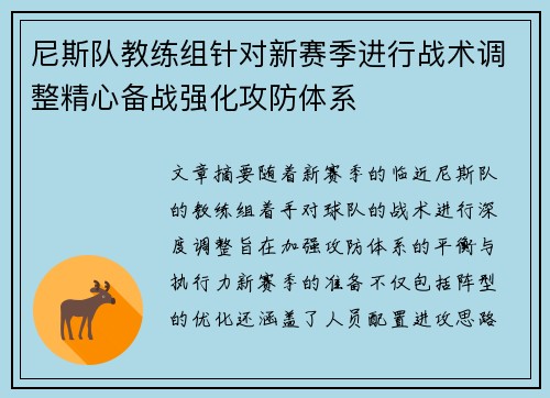 尼斯队教练组针对新赛季进行战术调整精心备战强化攻防体系